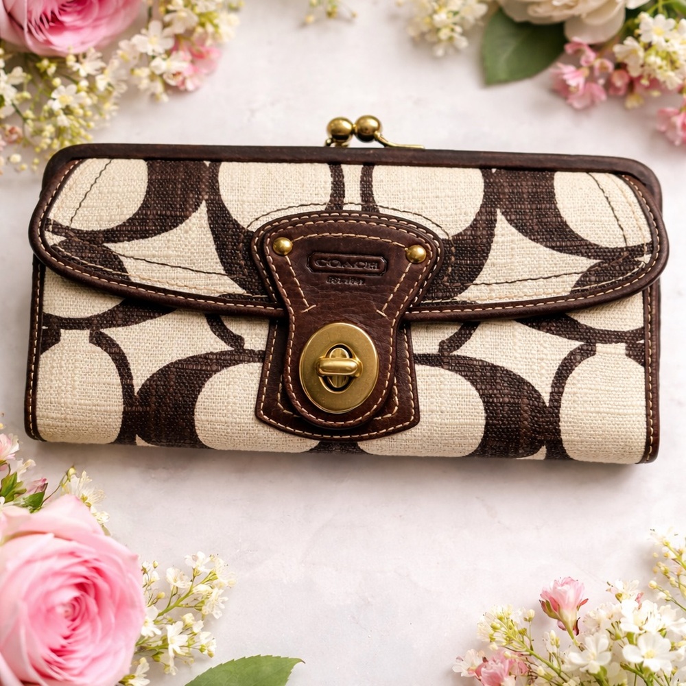 Vintage Coach Legacy Signature Turnlock Linen Monogram Canvas and Leather Wallet